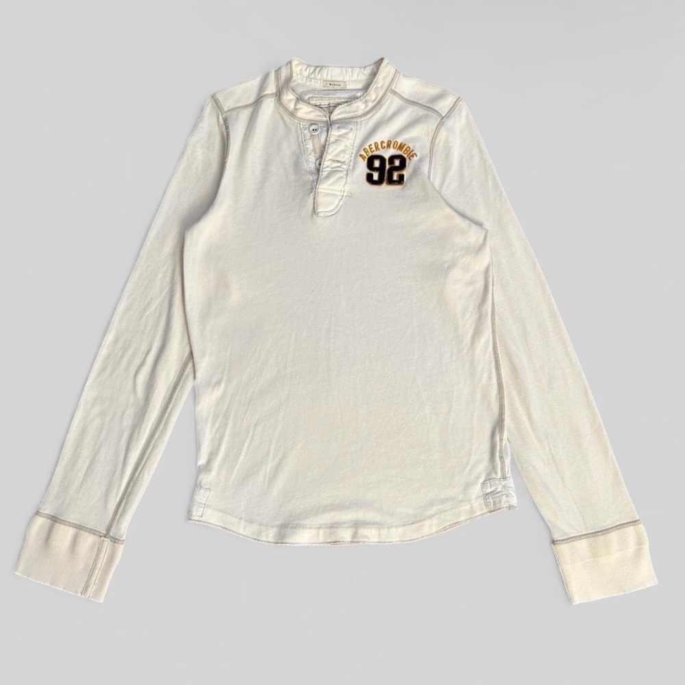 Mens Vintage Abercrombie & Fitch Cream Long-Sleeve Henley with '92 Patch